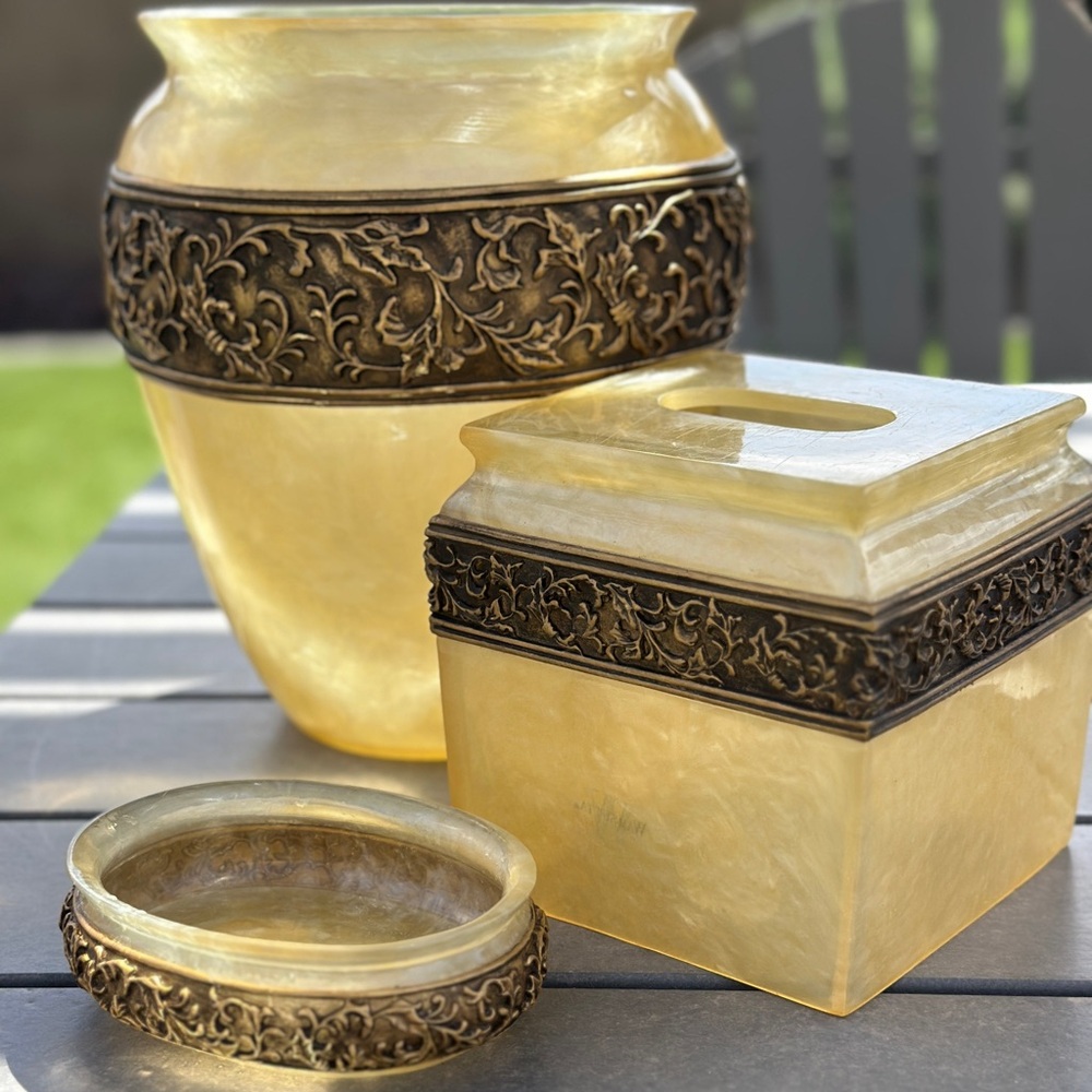 Wamsutta Bronze bathroom trash can soap dish tissue box set heavy good quality